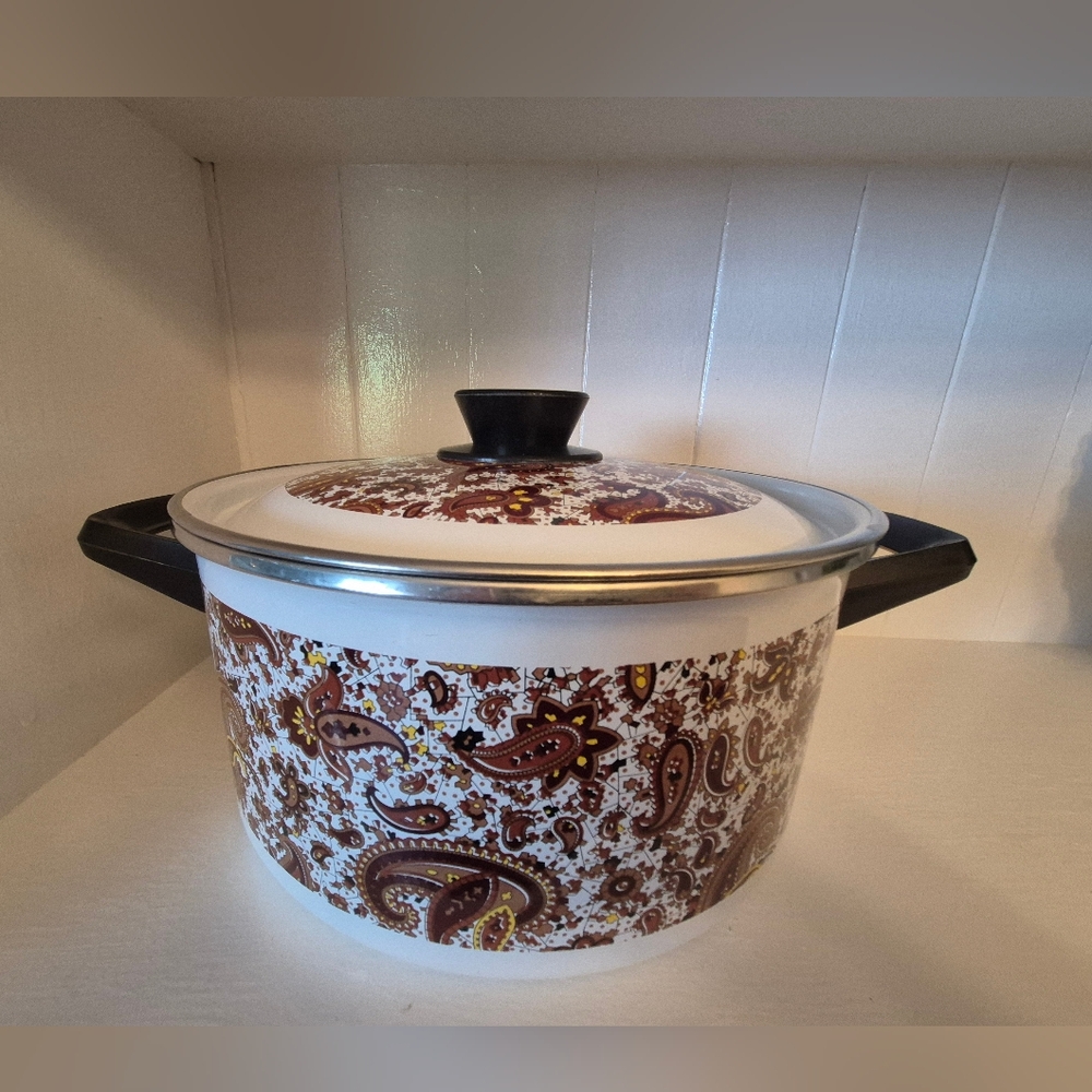 Vintage 1970’s Paisley Patterned Fancipans Enamelware Lidded Cooking Pot